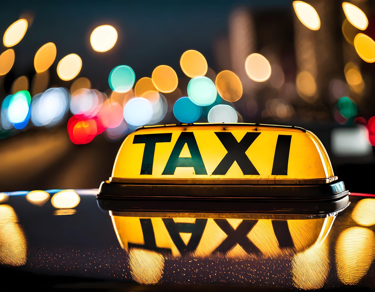 Lampa TAXI na dachu taksówki - ilustracja Pixabay Podświetlana żółta lampa TAXI na dachu taksówki nocą, w tle światła miasta
